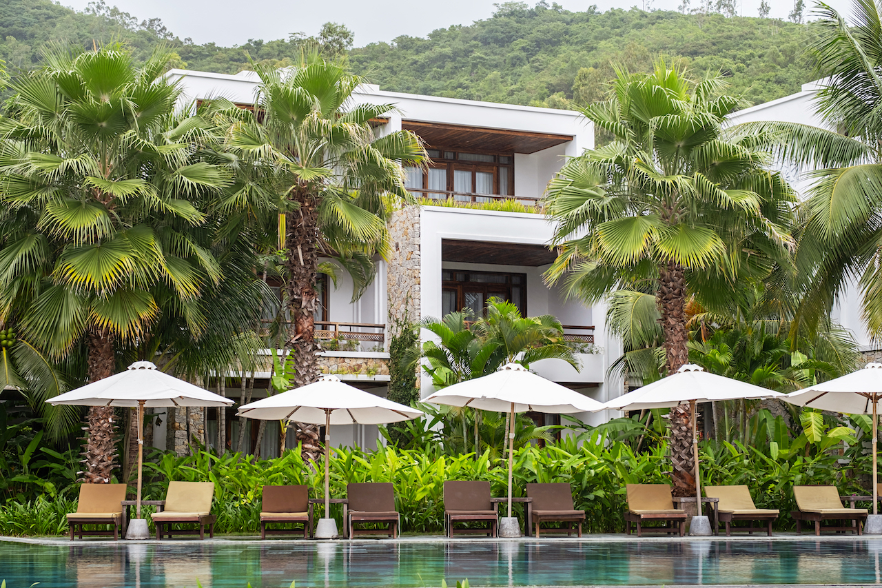 Modern luxury touristic resort hotel with swimming pool.